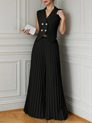 Set două piese pentru femei: top fără mâneci și pantaloni plisati, material poliester-elastan, vară 2025