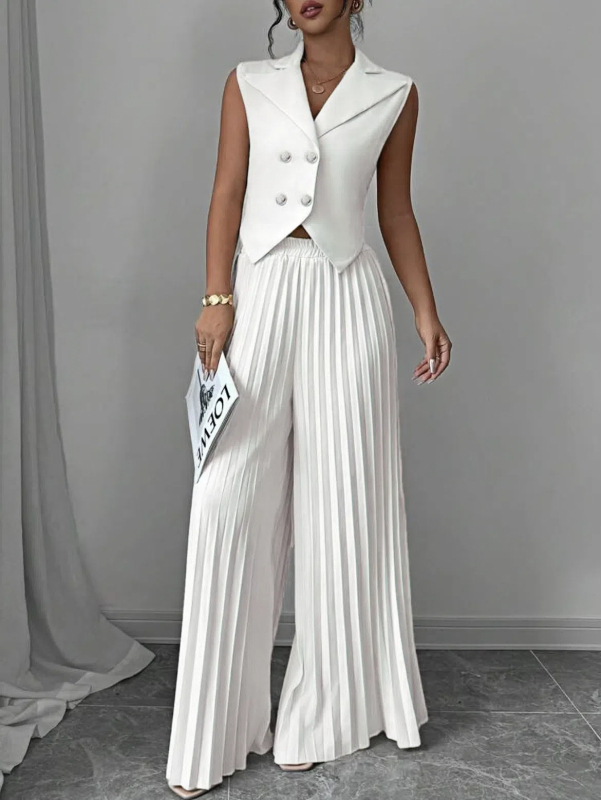 Set două piese pentru femei: top fără mâneci și pantaloni plisati, material poliester-elastan, vară 2025
