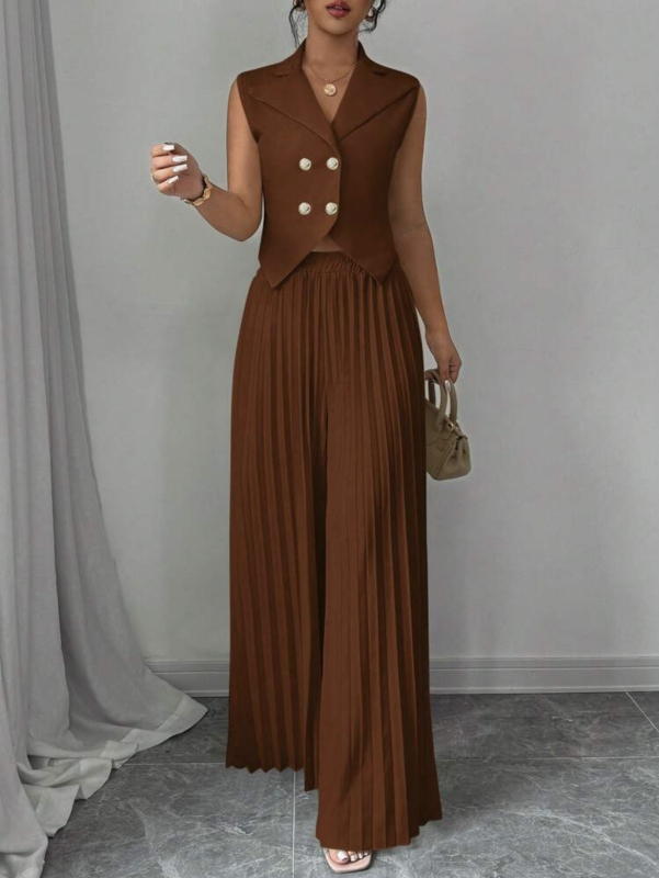 Set două piese pentru femei: top fără mâneci și pantaloni plisati, material poliester-elastan, vară 2025