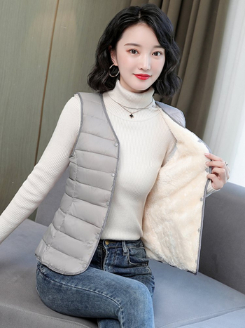 Vesta pentru femei, umplută cu bumbac, căptușită cu fleece, ușoară, croială slim, decolteu în V, pentru iarna 2023.