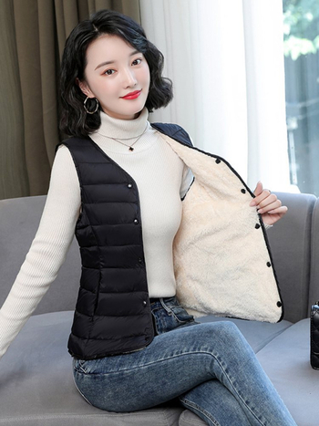 Vesta pentru femei, umplută cu bumbac, căptușită cu fleece, ușoară, croială slim, decolteu în V, pentru iarna 2023.