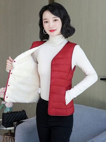 Vesta pentru femei, umplută cu bumbac, căptușită cu fleece, ușoară, croială slim, decolteu în V, pentru iarna 2023.