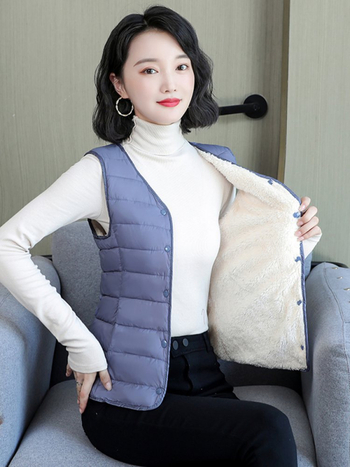 Vesta pentru femei, umplută cu bumbac, căptușită cu fleece, ușoară, croială slim, decolteu în V, pentru iarna 2023.
