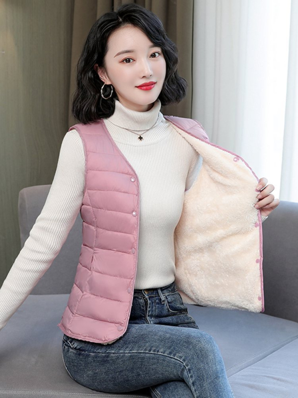 Vesta pentru femei, umplută cu bumbac, căptușită cu fleece, ușoară, croială slim, decolteu în V, pentru iarna 2023.