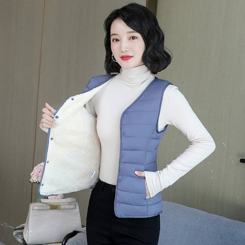 Vesta pentru femei, umplută cu bumbac, căptușită cu fleece, ușoară, croială slim, decolteu în V, pentru iarna 2023.