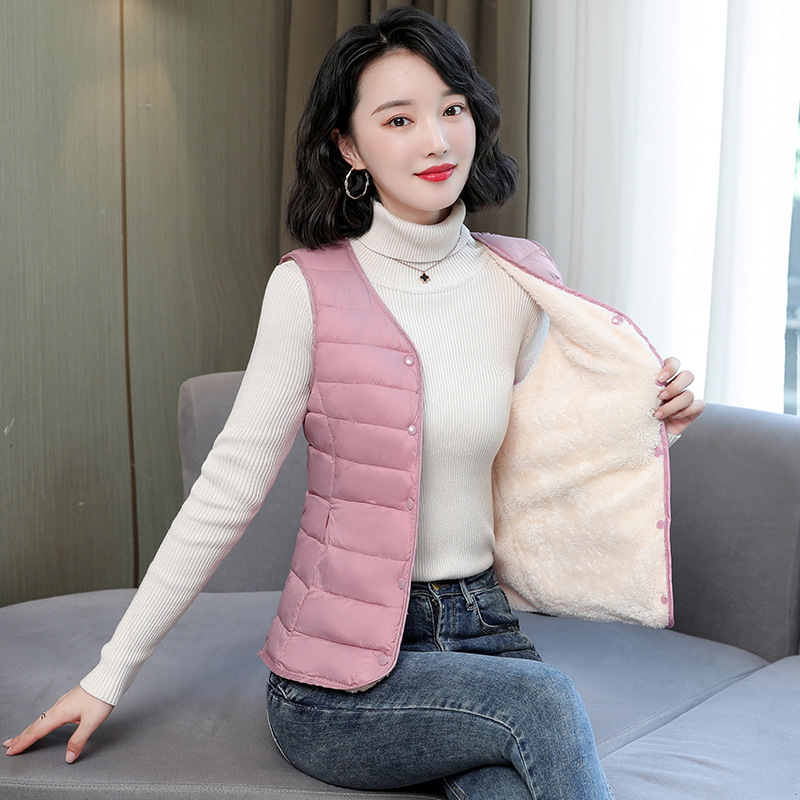 Vesta pentru femei, umplută cu bumbac, căptușită cu fleece, ușoară, croială slim, decolteu în V, pentru iarna 2023.