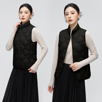 Sieviešu veste ar pūču-pamatu pildījumu, augsta apkakle, priekšējā rāvējslēdzēja, rūtīgs raksts, poliestera ārējais materiāls (90–95%), rudens 2025