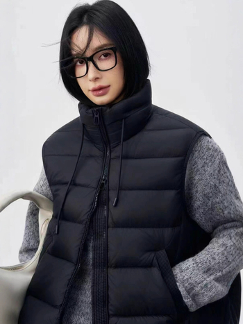 Vesta cu puf în stil minimalist coreean, guler înalt, fermoar frontal, umplutură din puf de rață, țesătură din poliester