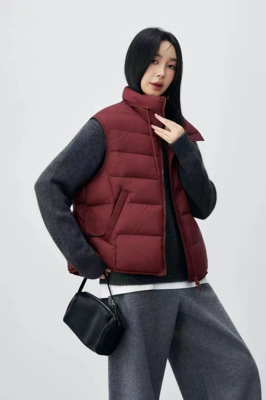 Vesta cu puf în stil minimalist coreean, guler înalt, fermoar frontal, umplutură din puf de rață, țesătură din poliester