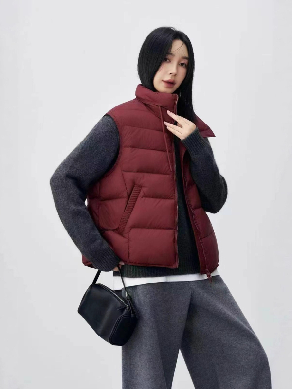 Vesta cu puf în stil minimalist coreean, guler înalt, fermoar frontal, umplutură din puf de rață, țesătură din poliester