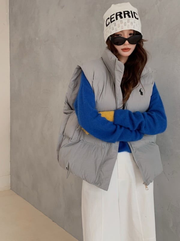 Sieviešu kokvilnas veste Korejas stilā ar pūka pildījumu, stāvošs apkaklis, rāvējslēdzējs