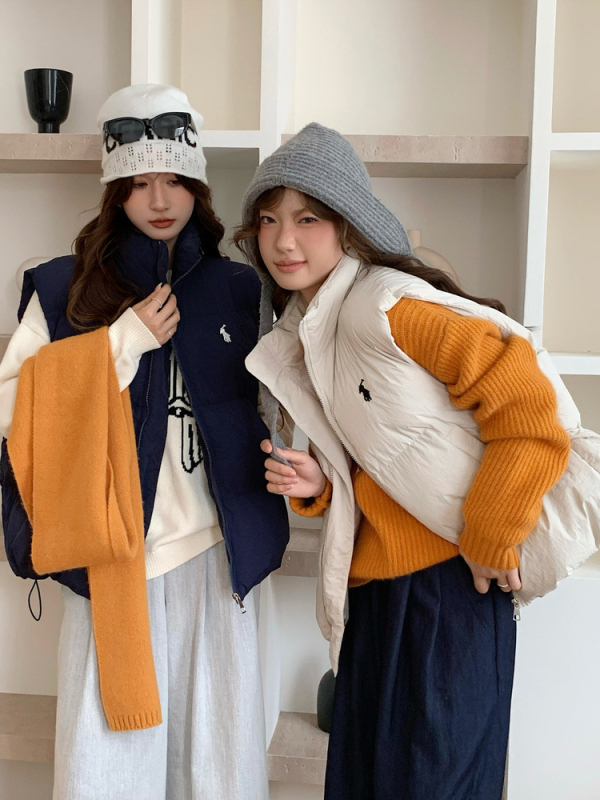 Sieviešu kokvilnas veste Korejas stilā ar pūka pildījumu, stāvošs apkaklis, rāvējslēdzējs