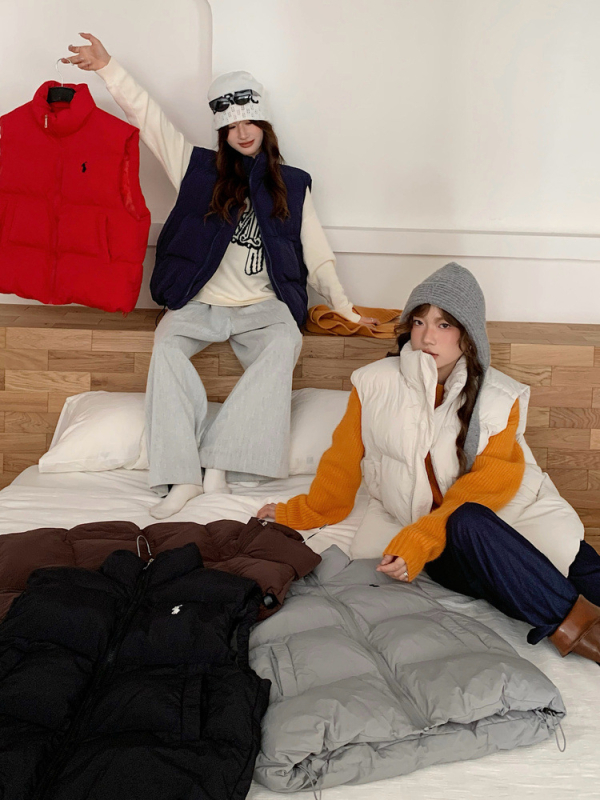 Sieviešu kokvilnas veste Korejas stilā ar pūka pildījumu, stāvošs apkaklis, rāvējslēdzējs