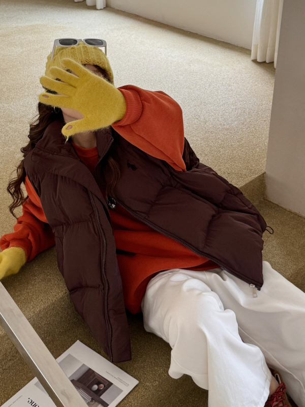 Sieviešu kokvilnas veste Korejas stilā ar pūka pildījumu, stāvošs apkaklis, rāvējslēdzējs