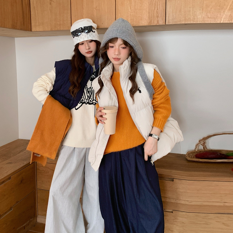 Sieviešu kokvilnas veste Korejas stilā ar pūka pildījumu, stāvošs apkaklis, rāvējslēdzējs