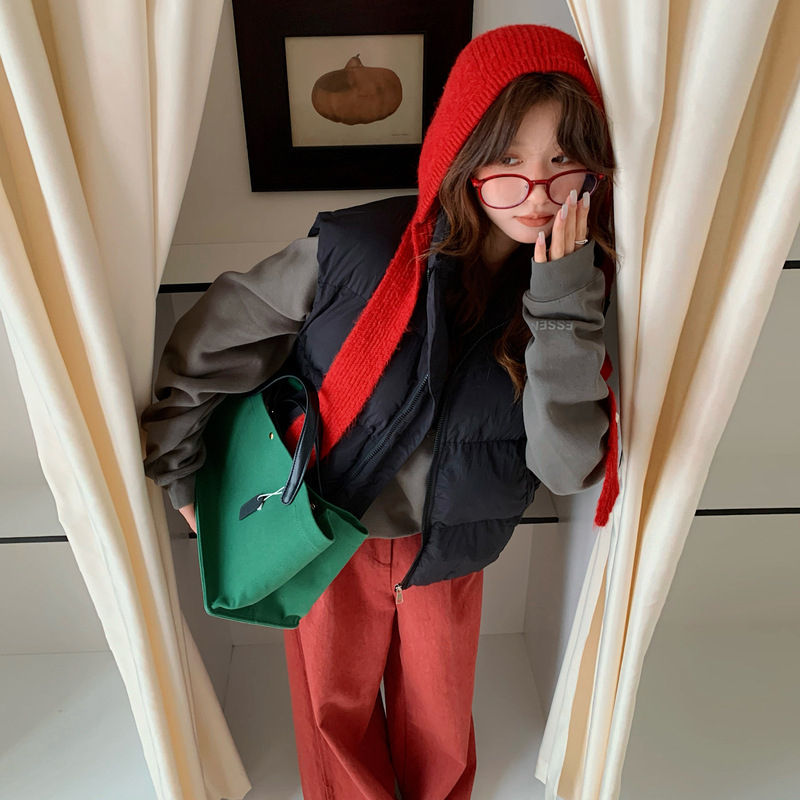 Sieviešu kokvilnas veste Korejas stilā ar pūka pildījumu, stāvošs apkaklis, rāvējslēdzējs