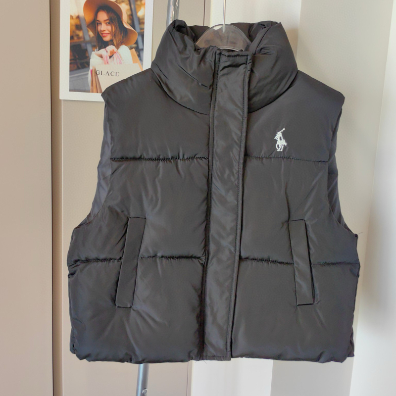 Vesta de damă cu broderie ponei, umplutură din puf și bumbac, culoare solidă, guler înalt, croială Slim, iarnă 2025