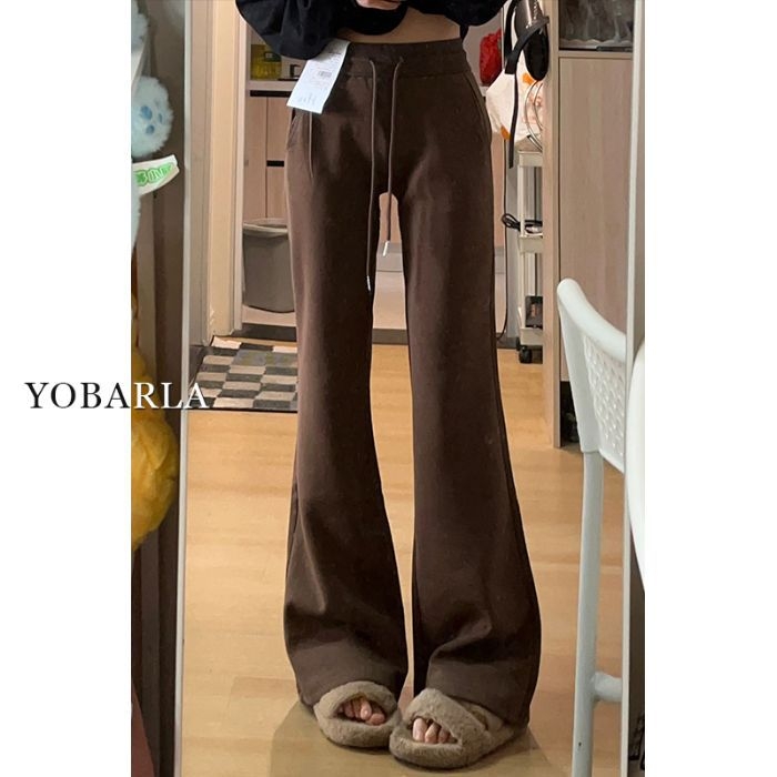 Pantaloni casual talie înaltă, ușor evazați, poliester 80–90%, microelasticitate, stil japonez-coreean, vară 2024