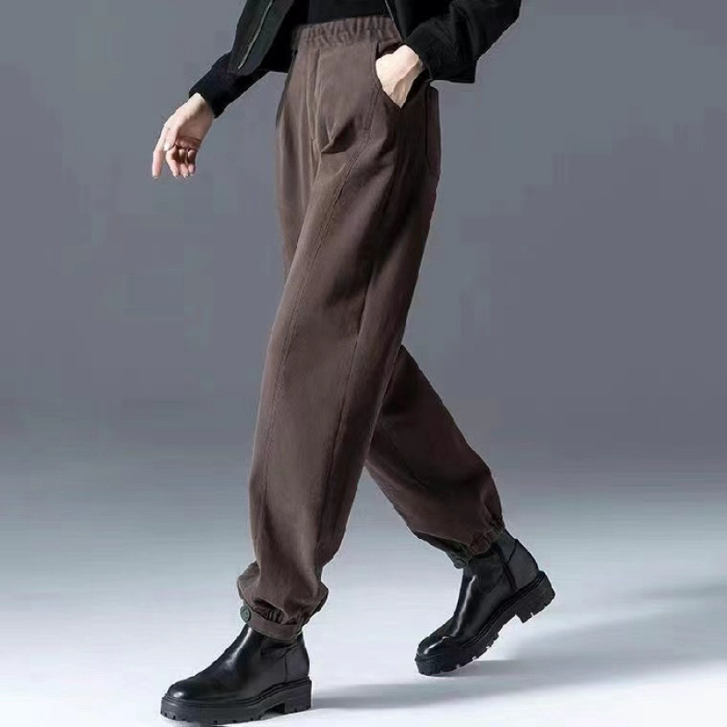 Pantaloni casual pentru femei cu căptușeală fleece, talie înaltă, croială lejeră, 90–95% bumbac, groși pentru iarnă