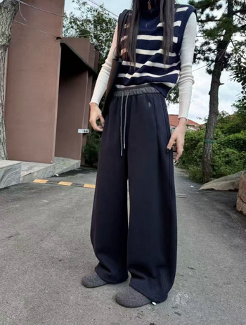 Női pamut-mikroszálas szabadidőnadrág, laza szabású, középmagas derekú, közepes vastagságú, téli szezon 2025, városi stílus