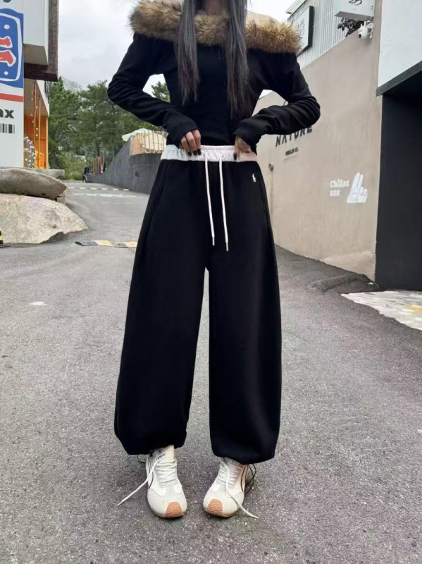 Női pamut-mikroszálas szabadidőnadrág, laza szabású, középmagas derekú, közepes vastagságú, téli szezon 2025, városi stílus