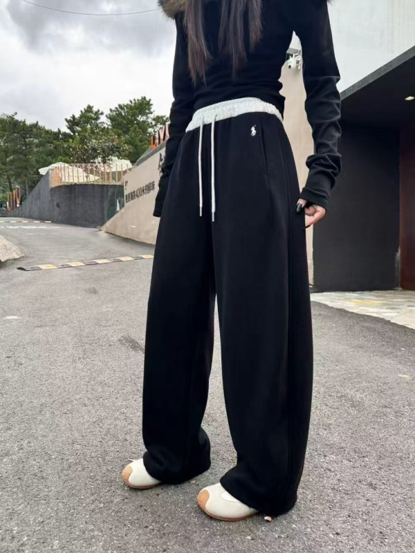 Női pamut-mikroszálas szabadidőnadrág, laza szabású, középmagas derekú, közepes vastagságú, téli szezon 2025, városi stílus