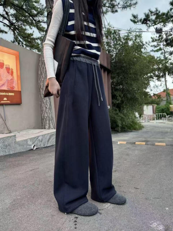 Női pamut-mikroszálas szabadidőnadrág, laza szabású, középmagas derekú, közepes vastagságú, téli szezon 2025, városi stílus