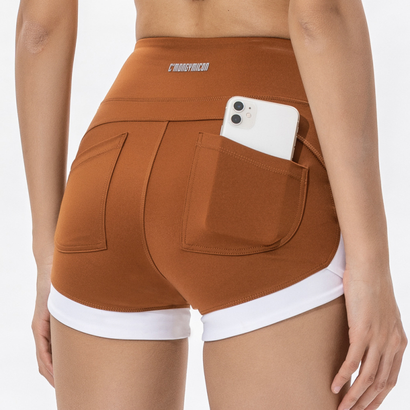 Sieviešu sporta šorti ar augstu vidukli un kabatām, gūžas pacēlājs, mitruma vadīšana un ātra žūšana, neilona maisījums