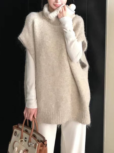 Vesta s visokim ovratnikom, slojeviti pleteni top, jednobojni uzorak, smjesa akril-poliester (50-70% akril, 30-50% poliester), jesen 2025