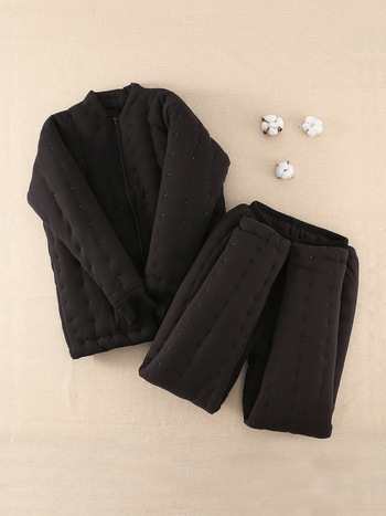 Férfi téli pamut töltetű dzseki és nadrágszett, nemzeti kardigán stílus, pamut töltet, kockás minta, álló gallér