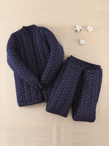 Férfi téli pamut töltetű dzseki és nadrágszett, nemzeti kardigán stílus, pamut töltet, kockás minta, álló gallér