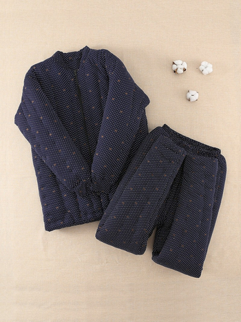 Férfi téli pamut töltetű dzseki és nadrágszett, nemzeti kardigán stílus, pamut töltet, kockás minta, álló gallér