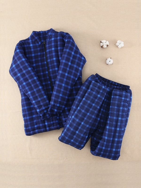 Férfi téli pamut töltetű dzseki és nadrágszett, nemzeti kardigán stílus, pamut töltet, kockás minta, álló gallér