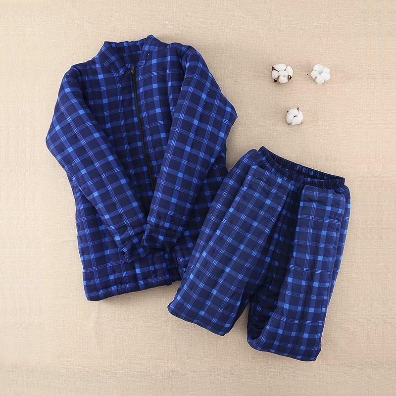 Férfi téli pamut töltetű dzseki és nadrágszett, nemzeti kardigán stílus, pamut töltet, kockás minta, álló gallér