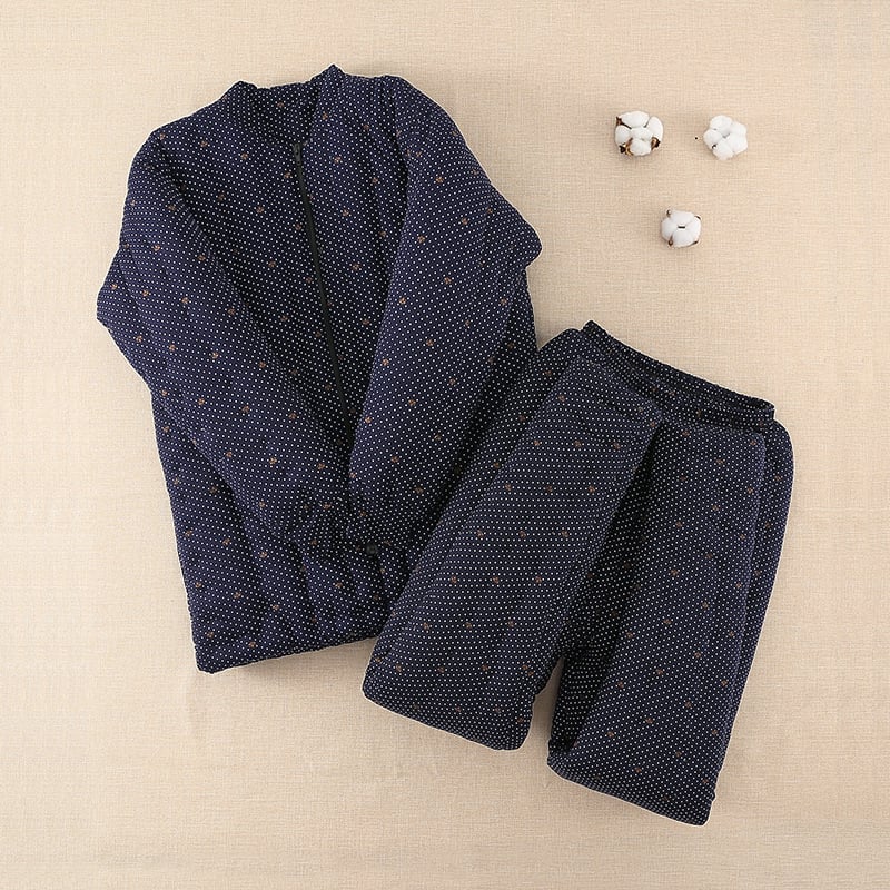 Férfi téli pamut töltetű dzseki és nadrágszett, nemzeti kardigán stílus, pamut töltet, kockás minta, álló gallér