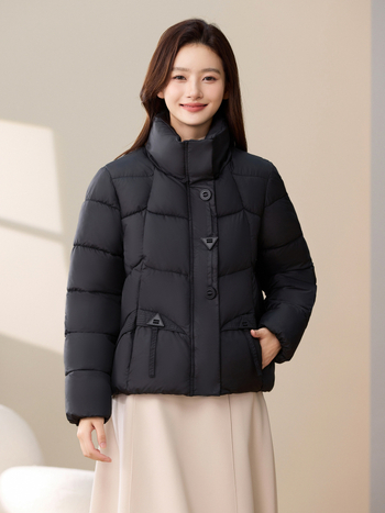 Medvilninė striukė su stovinčiu apykakle, down-cotton užpildas, poliesterio viršutinis audinys, įprasta ilgio, užtrauktukas