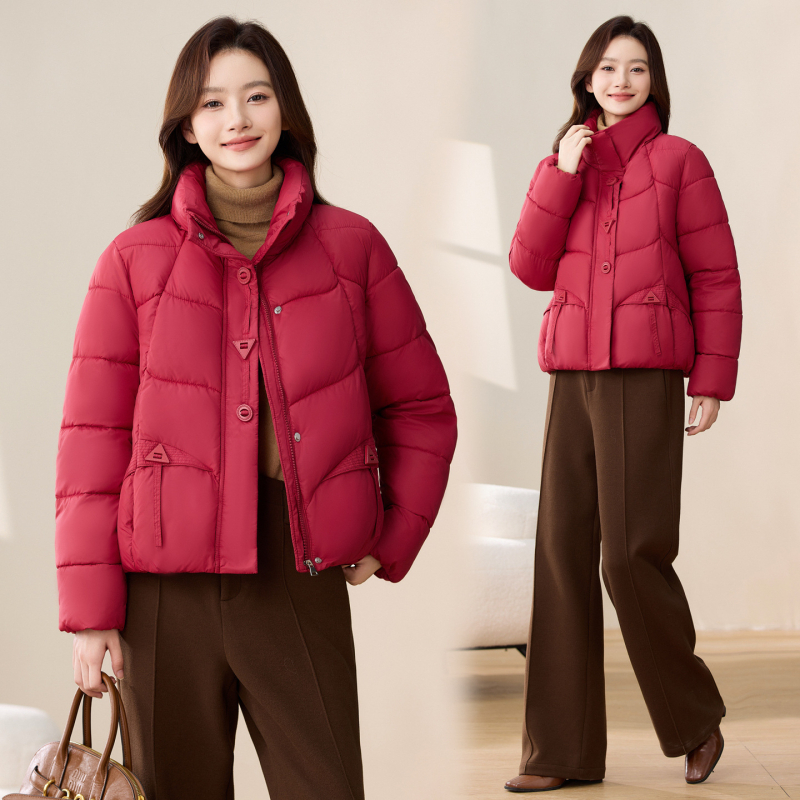 Medvilninė striukė su stovinčiu apykakle, down-cotton užpildas, poliesterio viršutinis audinys, įprasta ilgio, užtrauktukas