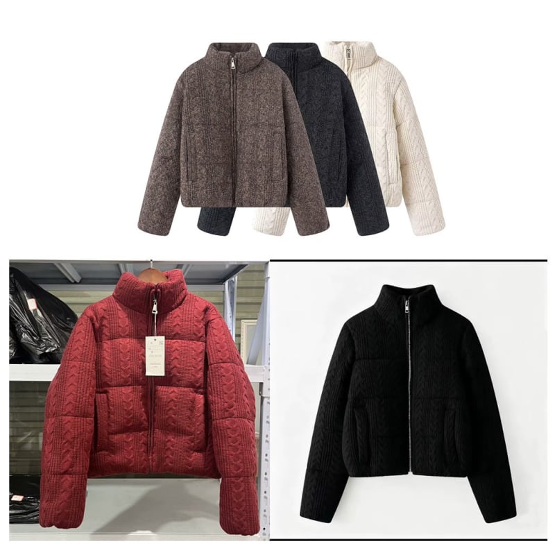 Medvilnės paltas su stovinčia apykakle, užtrauktukas, storas poliesterio-pamukų įdėklas, žiema 2024, gatvės mada