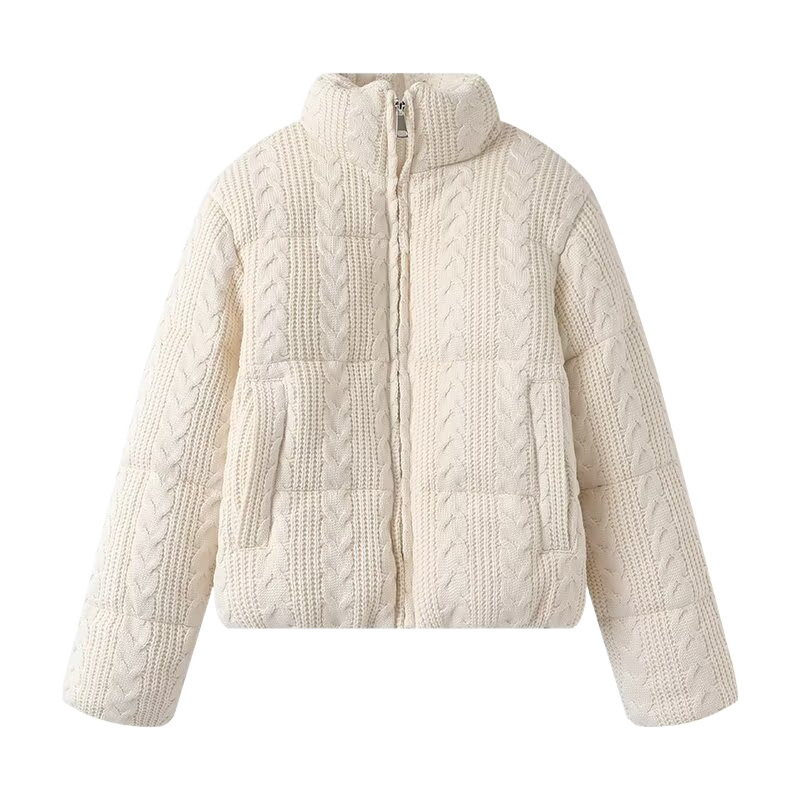 Medvilnės paltas su stovinčia apykakle, užtrauktukas, storas poliesterio-pamukų įdėklas, žiema 2024, gatvės mada