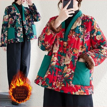 Medvilninis paltas su fliso įdėklu, didelis gėlių raštas, kontrastinis dizainas, laisvas siluetas, moterų žieminis lauko drabužis etno-retro stiliuje