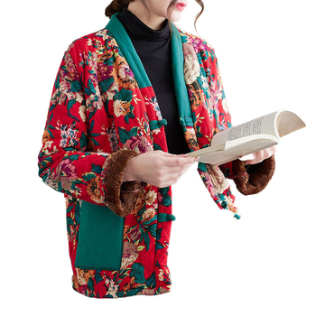 Medvilninis paltas su fliso įdėklu, didelis gėlių raštas, kontrastinis dizainas, laisvas siluetas, moterų žieminis lauko drabužis etno-retro stiliuje