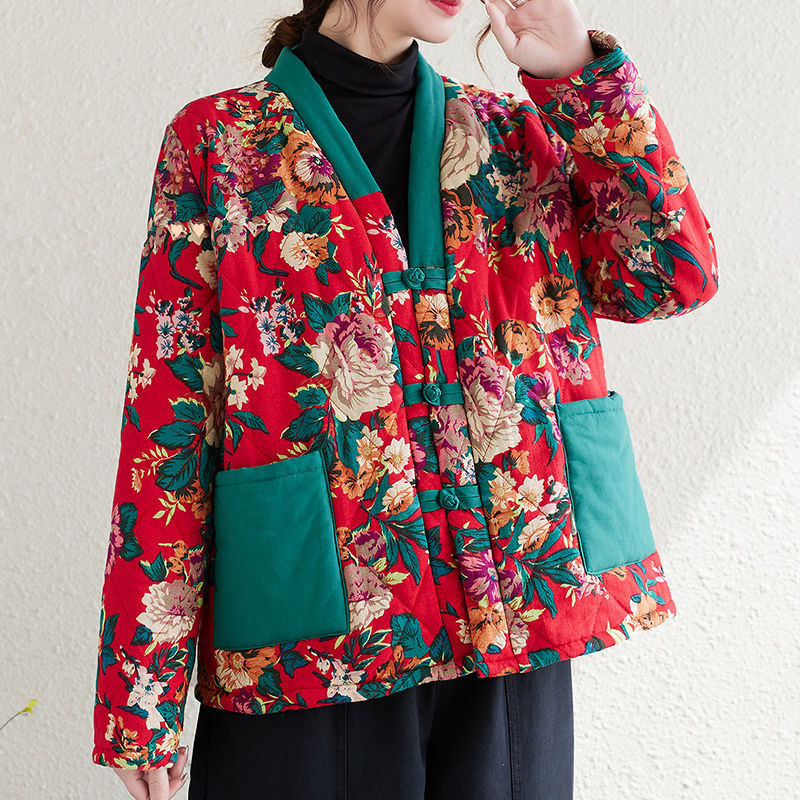 Medvilninis paltas su fliso įdėklu, didelis gėlių raštas, kontrastinis dizainas, laisvas siluetas, moterų žieminis lauko drabužis etno-retro stiliuje