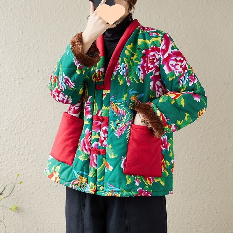 Medvilninis paltas su fliso įdėklu, didelis gėlių raštas, kontrastinis dizainas, laisvas siluetas, moterų žieminis lauko drabužis etno-retro stiliuje