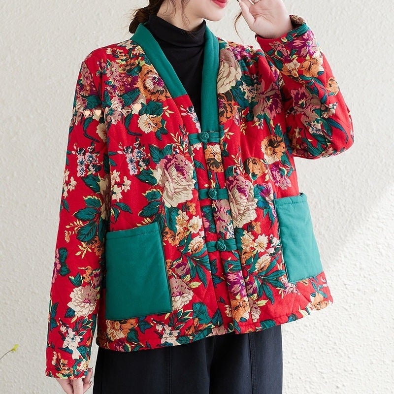 Medvilninis paltas su fliso įdėklu, didelis gėlių raštas, kontrastinis dizainas, laisvas siluetas, moterų žieminis lauko drabužis etno-retro stiliuje