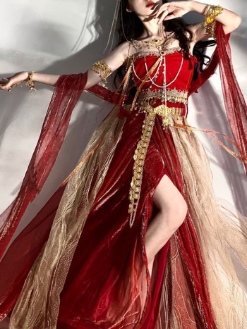 Etno táncos jelmez Dunhuang Apsara ihletésével, fémes selyem szövet, nyomtatás, fő anyag tartalom 95%+, mellékes anyag tartalom 95%+