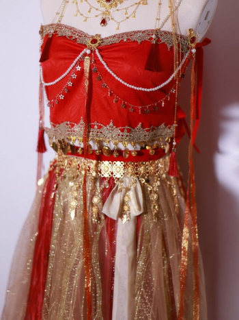 Etno táncos jelmez Dunhuang Apsara ihletésével, fémes selyem szövet, nyomtatás, fő anyag tartalom 95%+, mellékes anyag tartalom 95%+