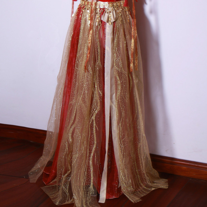 Etno táncos jelmez Dunhuang Apsara ihletésével, fémes selyem szövet, nyomtatás, fő anyag tartalom 95%+, mellékes anyag tartalom 95%+