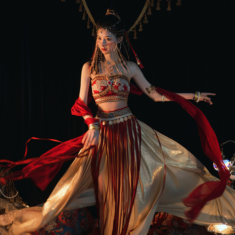 Etno táncos jelmez Dunhuang Apsara ihletésével, fémes selyem szövet, nyomtatás, fő anyag tartalom 95%+, mellékes anyag tartalom 95%+