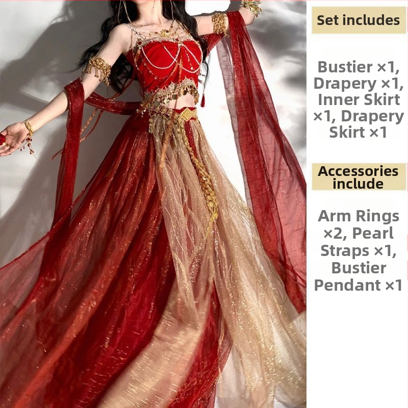 Etno tanečný kostým s prvkami Dunhuang Apsara, kovový hodvábny materiál, potlač, hlavný obsah látky 95%+, vedľajší obsah látky 95%+