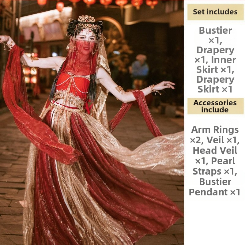 Etno tanečný kostým s prvkami Dunhuang Apsara, kovový hodvábny materiál, potlač, hlavný obsah látky 95%+, vedľajší obsah látky 95%+